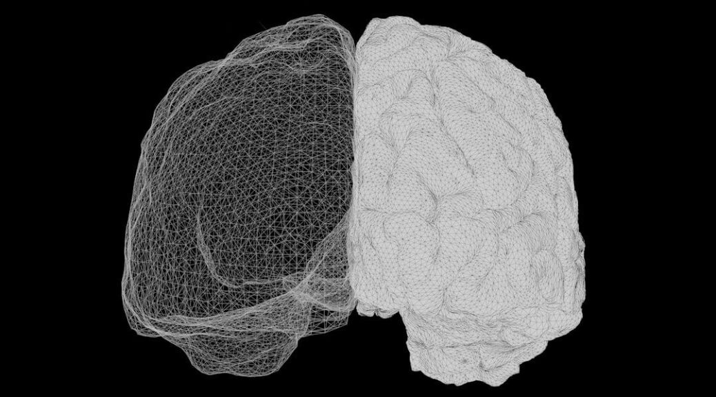 Illustration en maillage 3D d’un cerveau humain sur fond noir