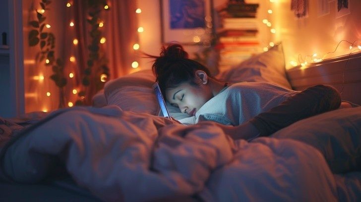 Femme allongée dans un lit, les yeux fermés, dans une chambre éclairée