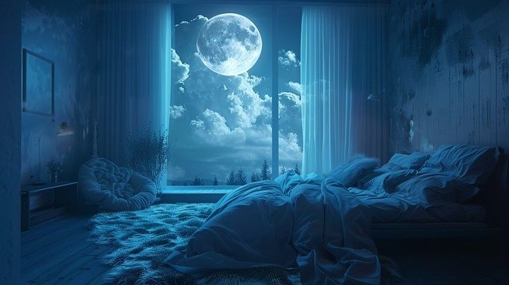 Chambre baignée de lumière bleue, lit défait et pleine lune visible